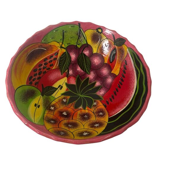 Vtg Mexican Hand Painted Footed Pottery Bowl Fruit Colorful Folk Art Boho 9.5” - Picture 16 of 16
